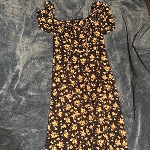 Yellow Floral Puff-Sleeve Midi Dress - Women